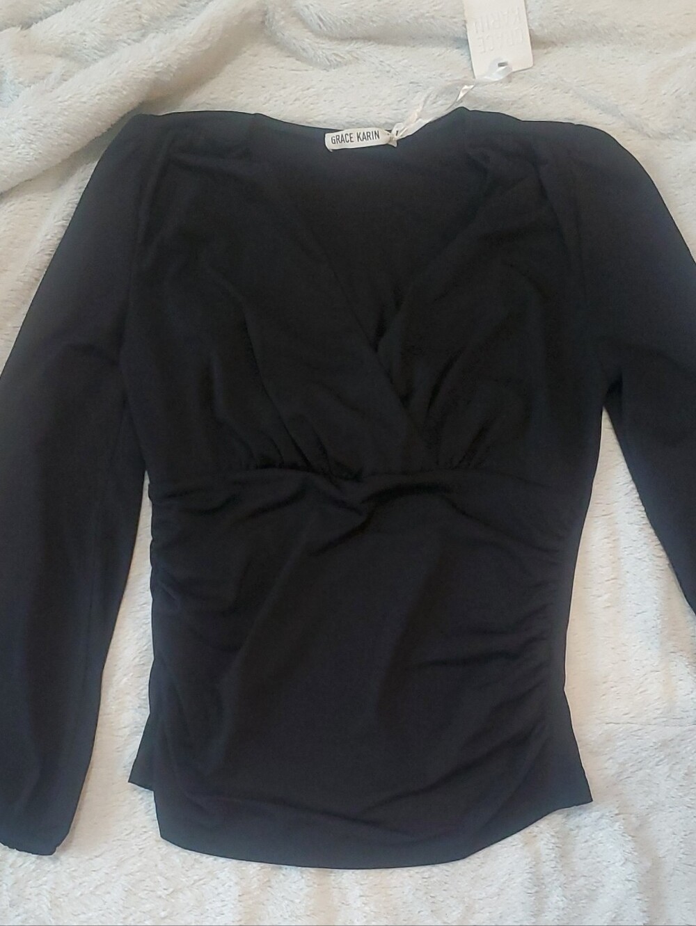 Grace Karin Black Long Sleeve V-Neck Gathered Waist Top